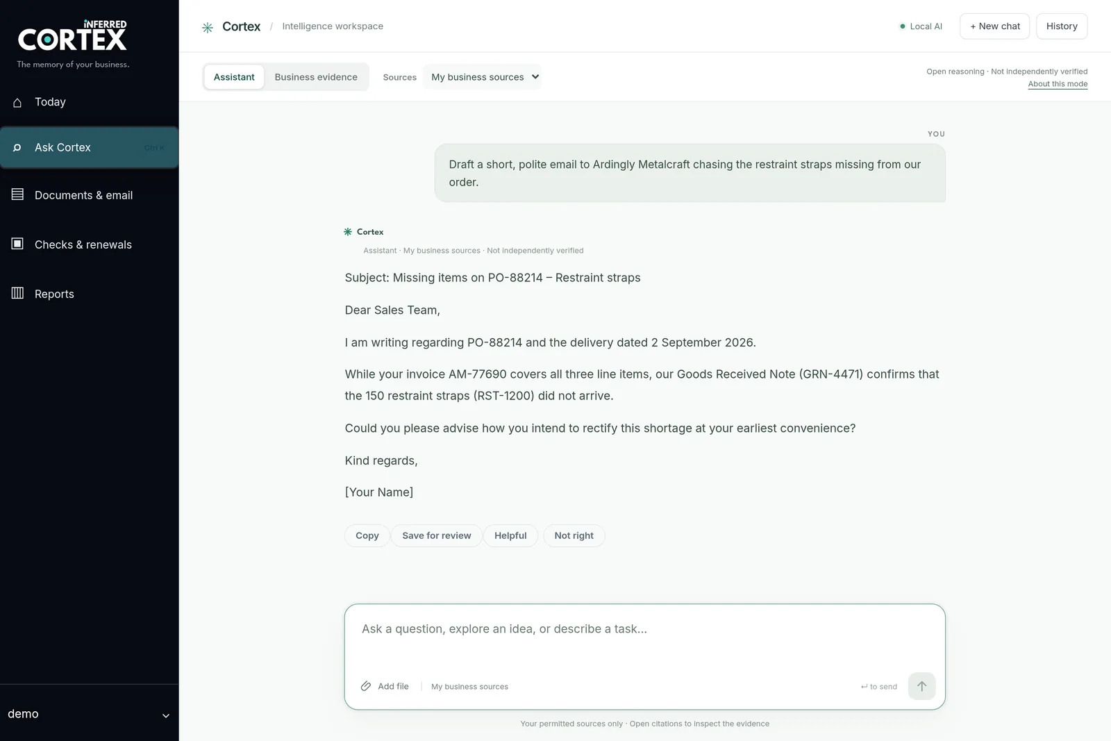 Cortex in Assistant mode drafting a polite email to a supplier about missing restraint straps, quoting the purchase order, invoice and goods received note numbers