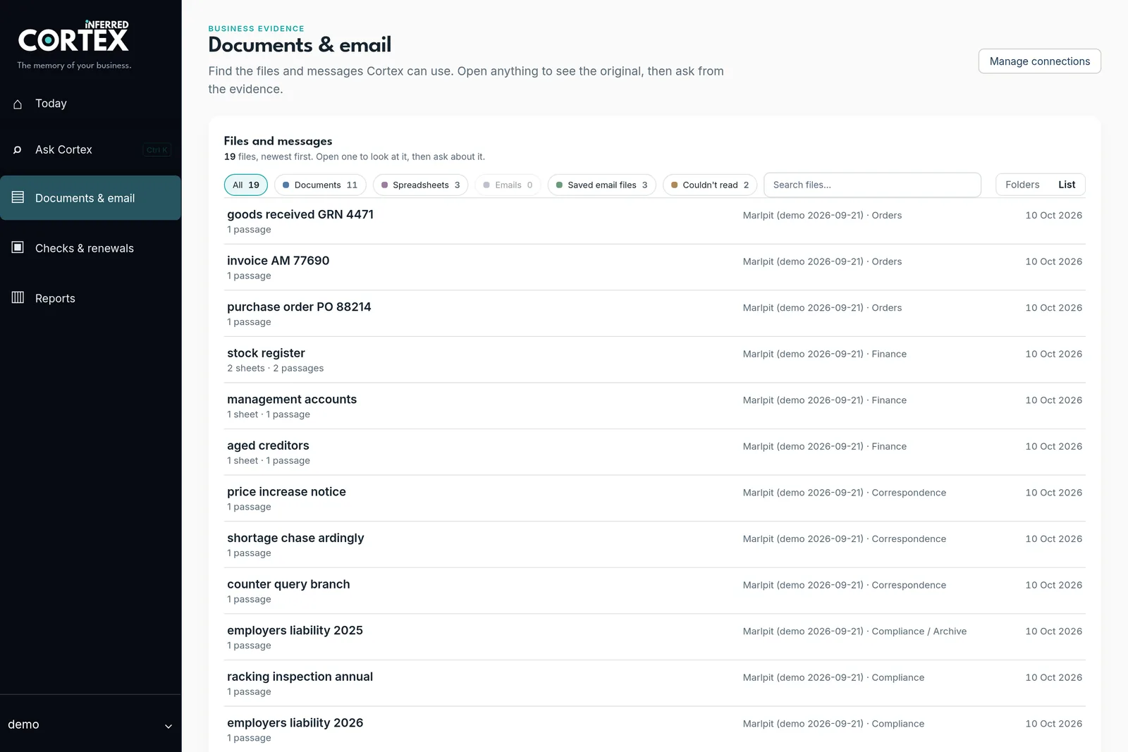 The Cortex Documents and email list showing purchase orders, invoices, a stock register, management accounts and compliance documents, filtered by type